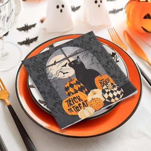 Halloween Paper Napkins 50 Pack Black Cat Pumpkin Disposable Dinner Hand Napkins - 6.5x6.5 Inch