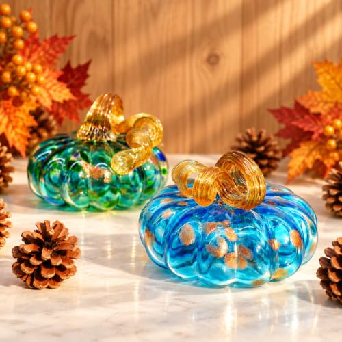 Large Hand Blown Glass Pumpkin Figurine - Fall Harvest Decor - Aquamarin Variation