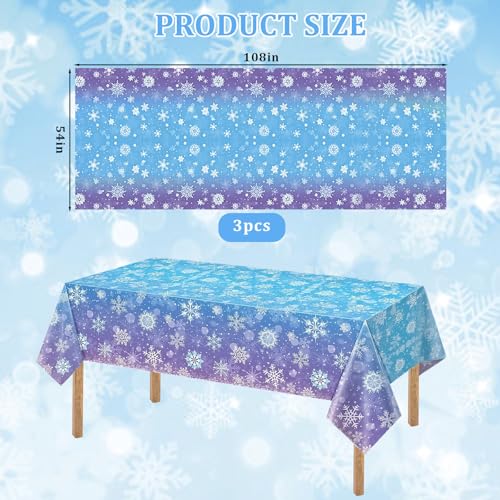 Snowflake Winter Tablecloth 3 Pack for Holiday Party Decorations - Blue & Purple Disposable Plastic Cover - Christmas & Winter Events