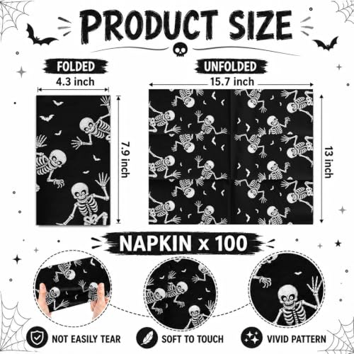 Halloween Skeleton & Skull Paper Napkins - 100 Pack for Parties