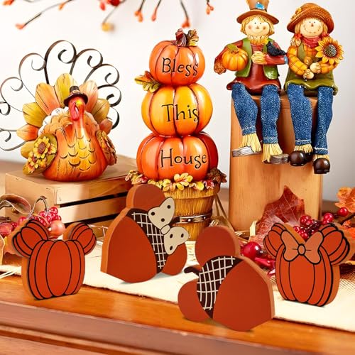 Thanksgiving Fall Wooden Sign Set - 4 Cute Pumpkin Mouse Decor for Home & Table
