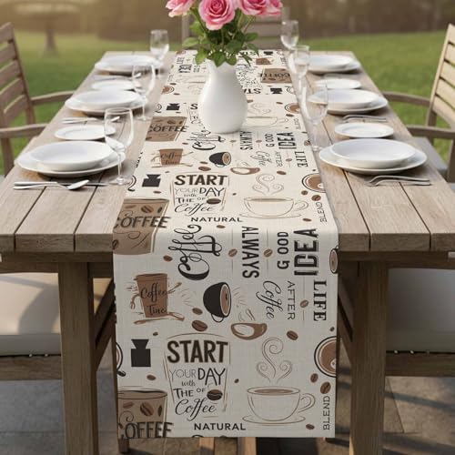 Farmhouse Cotton Linen Table Runner 18 x 72 Inches - Brown Beige Kitchen Decor