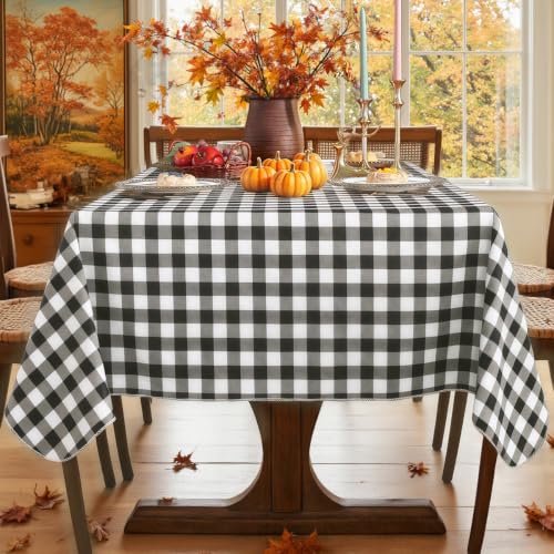 Vinyl Plaid Tablecloth 60x120 Inch Black and White Waterproof Stain-Resistant Rectangular