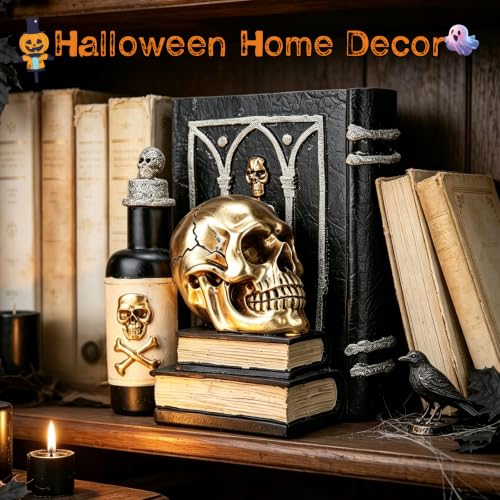 Gothic Halloween Skull Figurine with Spellbook & Potion Bottle Indoor Decor