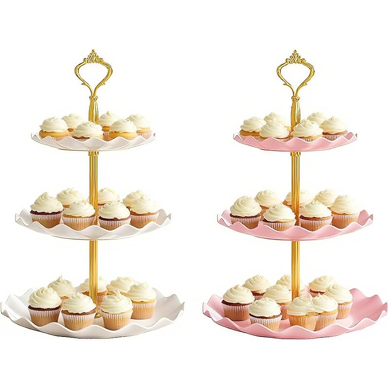 3-Tier Plastic Cupcake Stand Holder with Handle for Desserts, Fruits & Snacks - White+Pink