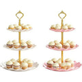 3-Tier Plastic Cupcake Stand Holder with Handle for Desserts, Fruits & Snacks - White+Pink