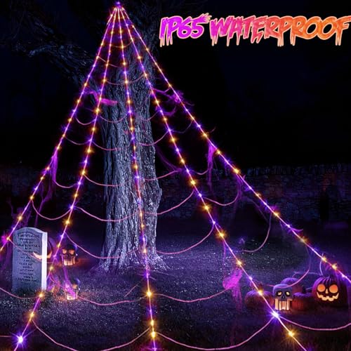 Outdoor Halloween Spider Web Lights - 250 Purple & Orange LEDs, 8 Modes, 16ft Yard Decoration