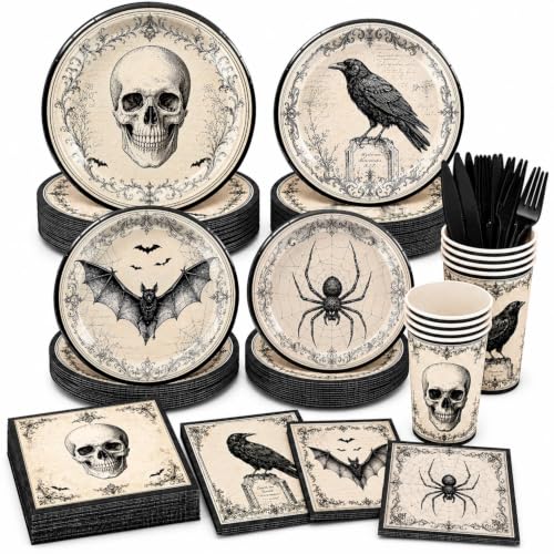 Halloween Party Supplies Set with Gothic Skull Raven Bats & Spiders for 24 Guests