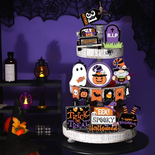 Umigy Halloween Tiered Tray Decor Set - 15 Pumpkin Wooden Signs with Boo Theme