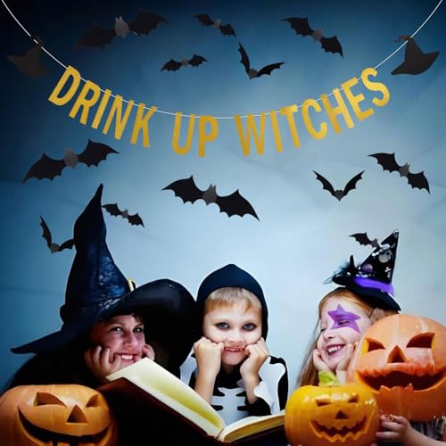 Halloween Banner with Bat Stickers - Gold Drink Up Party Decorations Indoor