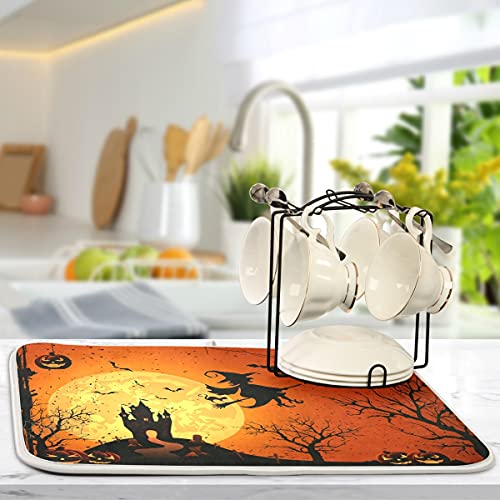 Halloween Pumpkin Witch Dish Drying Mat 16x18 Reversible Kitchen Counter Decor