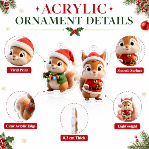 Squirrel Christmas Hanging Ornaments 9pcs Cartoon Acrylic Holiday Decorations - Variation Squirrel-A-1227