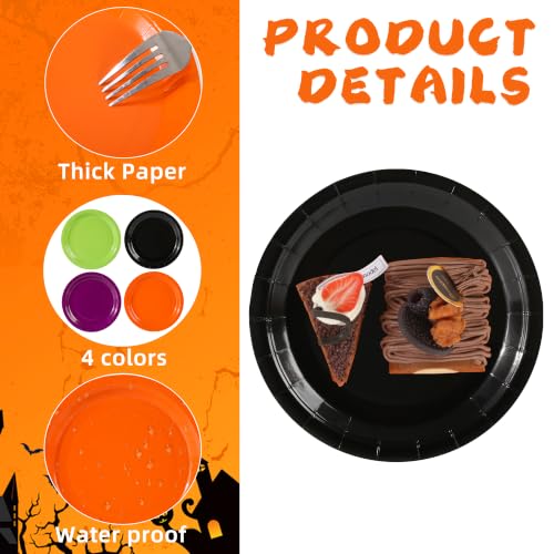 Halloween Paper Plates 7 Inch Set - Orange Green Purple Black 48 Pack - Festive Disposable Dinnerware
