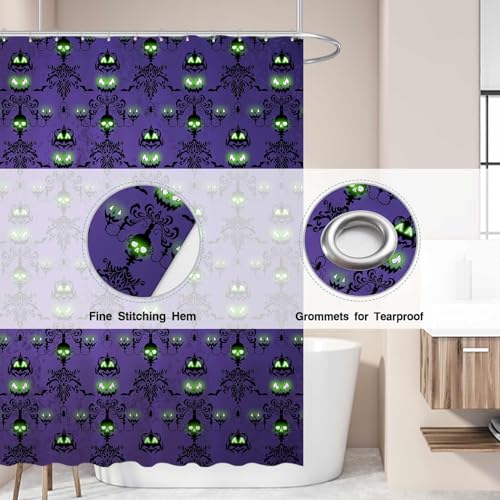Halloween Purple Haunted House Shower Curtain - Spooky Skull & Pumpkin Design, Waterproof Fabric, 72 x 72 Inches