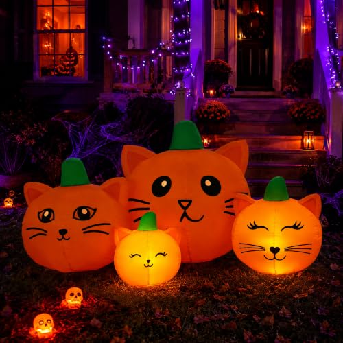 Halloween Inflatable Pumpkin Cat Heads Set - 6.3ft Outdoor Yard Decor with LED Lights