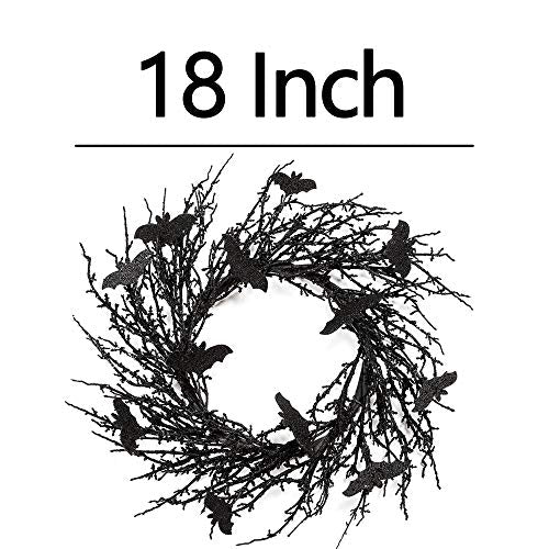 Black Bat Wreath 18 Inch Halloween Decorations with Glitter Bats - Skrantun