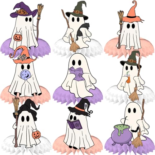 Halloween Ghost Honeycomb Centerpieces - Pink 9-Piece Party Table Decor for Halloween & Baby Shower
