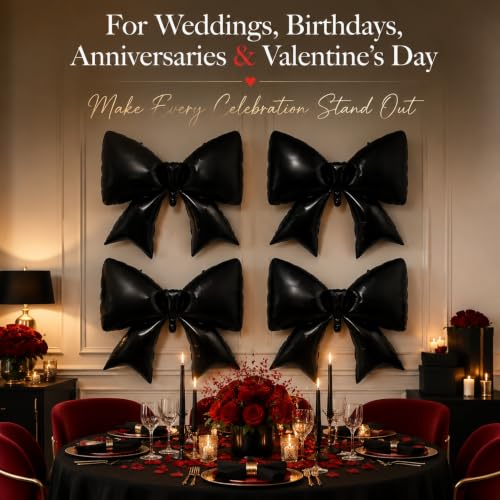 Black Bow Balloons Set - 4 Pieces 38 Inch Foil Decorations for Halloween & Birthday