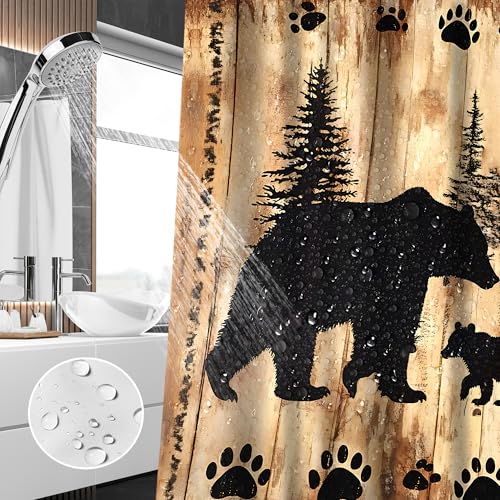 Rustic Bear Shower Curtain Set - Nursery Farmhouse Bathroom Decor with Bath Mat & Toilet Cover - Black Bear Woodland Theme - Variation of THIS listing