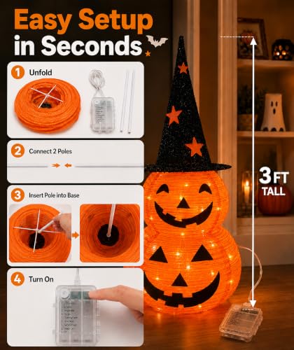 3FT Prelit Halloween Pumpkin Light with 50 LEDs, Waterproof Outdoor Decor