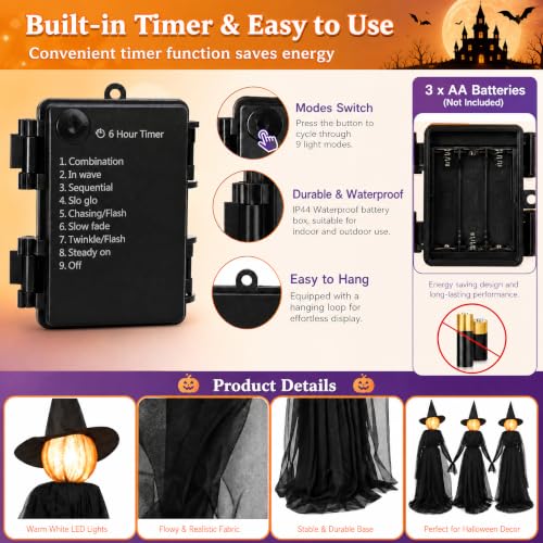 Halloween Witch Decorations Outdoor Set - 6 FT Black Holding Hands Witches with Glowing Faces, Lighted Yard Prop
