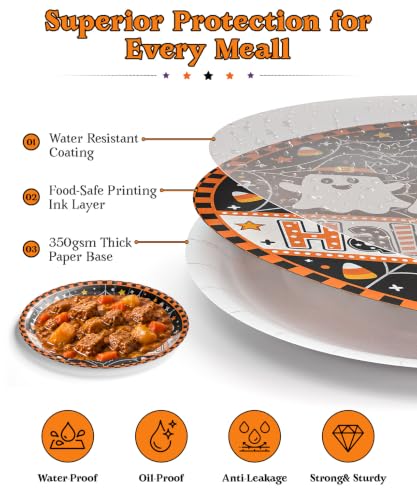 Halloween Paper Plates and Napkins Set - Black White Ghost, 9-inch & 7-inch, Round, Heavy Duty, Spooky Gothic Party Supplies, Variation: Black White Ghost / Round / 9inch 7inch