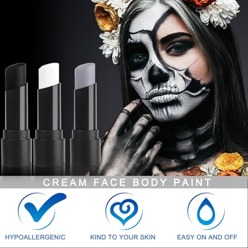 Face Body Paint Stick Set - Black White Light Grey Halloween Skeleton Clown Cosplay
