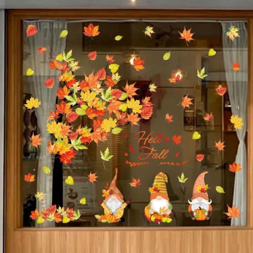 Fall Window Clings - 6 Sheets Double-Side Leaf Maple Tree Stickers, Reusable