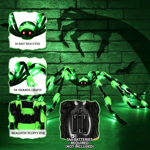 Green Light Up Halloween Giant Spider - 8 Modes, 80-Inch Wide Yard Decor