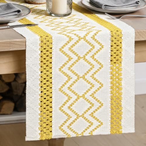 Artoid Mode Yellow Stripe Diamond Woven Table Runner 12x72 Inch - Durable Home Decor