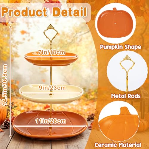 3-Tier Ceramic Pumpkin Serving Tray - Fall Thanksgiving Cake Stand with 7, 9, 11 Inch Sizes - Pumpkin Variation