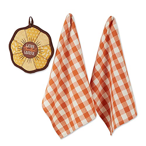 Fall Kitchen Decor Dish Towel & Potholder Set Sunflowers Orange Buffalo Check - 3 Piece