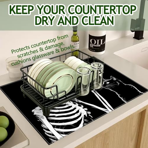 Skeleton Coffee Cat Dish Drying Mat - Reversible Black & White Microfiber Kitchen Rug 18x24 Inch