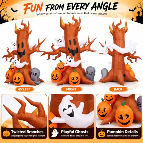 8FT Halloween Inflatable Ghost Tree Decoration with Pumpkins and Tombstone