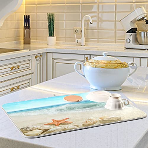 Beach Nautical Dish Drying Mat 16 x 18 Inch Sea Wave Shells Starfish Reversible Microfiber