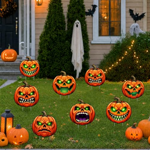 8-Pack Pumpkin Yard Signs Stakes with Glowing Eyes for Halloween Outdoor Decoration - Variation of Pumpkin