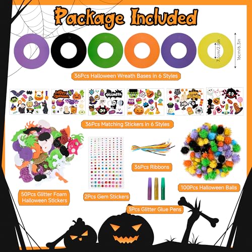 Halloween Wreath Craft Kit - 36 Pieces DIY Decorations & Accessories for Spooky Holiday