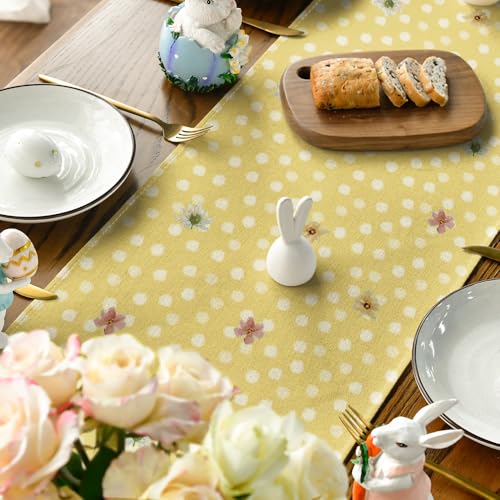 Yellow Bunny Rabbit Floral Polka Dot Easter Table Runner 13x90 Inch - Spring Kitchen Decor