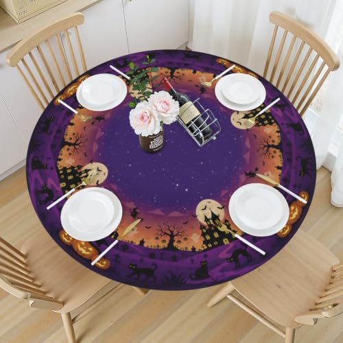 44-Inch Halloween Fitted Tablecloth with Elastic Edges - Purple Starry Sky, Pumpkin, Bat, Spider Web Design