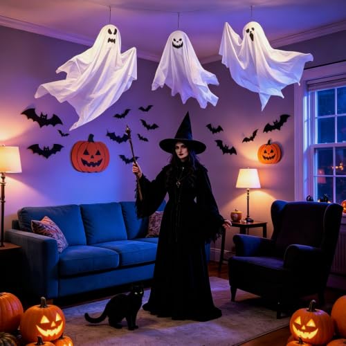 Halloween Hanging Ghost Decorations 9 Pack - 27.6 Inch Flying Ghosts with Bendable Arms - Spooky Home and Party Decor - Variation: Hanging Ghosts 9PCS