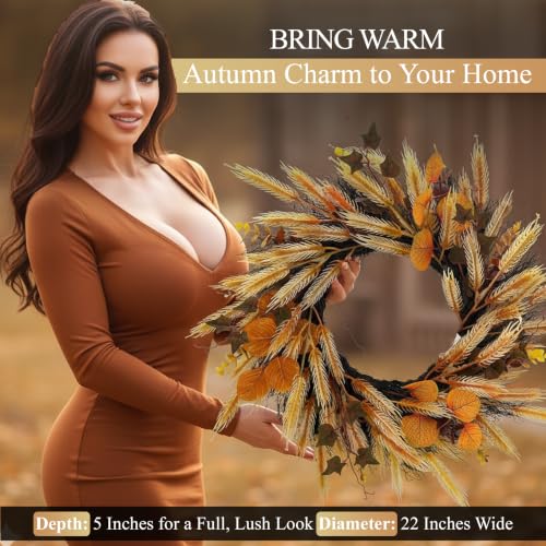 22-Inch Fall Wreath for Front Door with Wheat & Silk Leaves, Rustic Autumn Decor