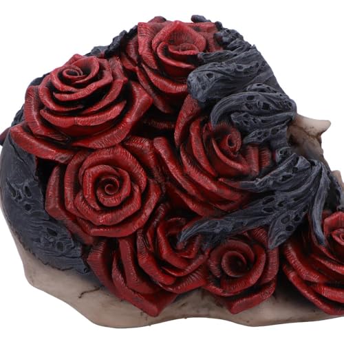 Gothic Skull Figurine with Red Roses and Black Smoke - Hand-Painted Resin Decor