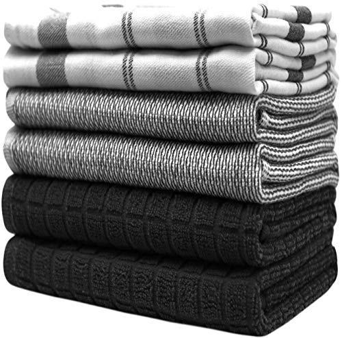 Black Check Kitchen Towels 6 Pack 100% Cotton Dish Towels - Mixed Styles