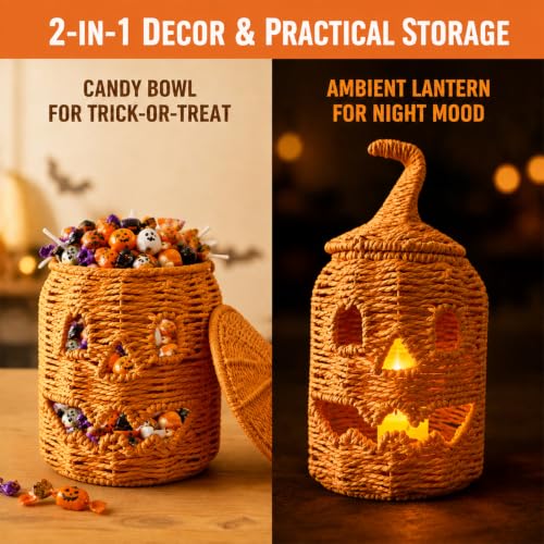 Halloween Pumpkin Jack-O-Lantern Handwoven Rattan Candy Bowl - Orange B