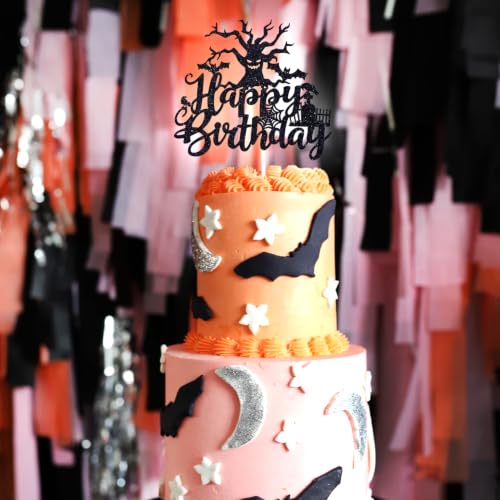Halloween Happy Birthday Cake Topper - Spooky Zombie & Bat Decor - Black Glitter, 5.9 inches