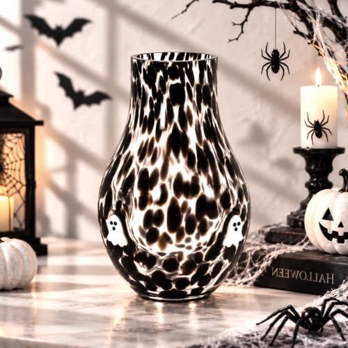 Halloween Ghost Glass Vase Black and White Hand Blown Centerpiece Decor 6.6 x 6.7 Inches
