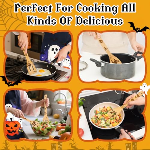 Halloween Wooden Kitchen Utensil Set with Apron - Spooky Decor & Cooking Tools