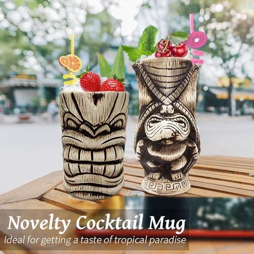 Large Ceramic Tiki Mug Set for Cocktails - Tropical Bar Drinkware