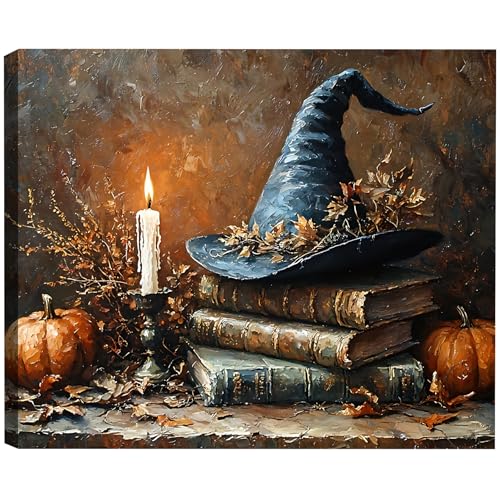 Halloween Canvas Wall Art for Living Room 8x12 - Witch Hat Pumpkin Decor - Variation of Picture 1