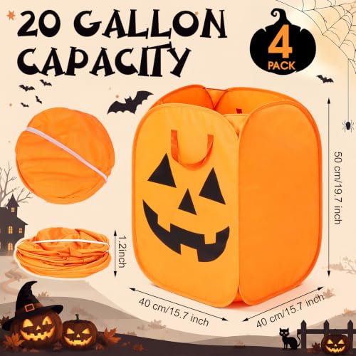 Halloween Pumpkin Candy Buckets Set - Foldable 25 Gallon Trick-or-Treat Baskets